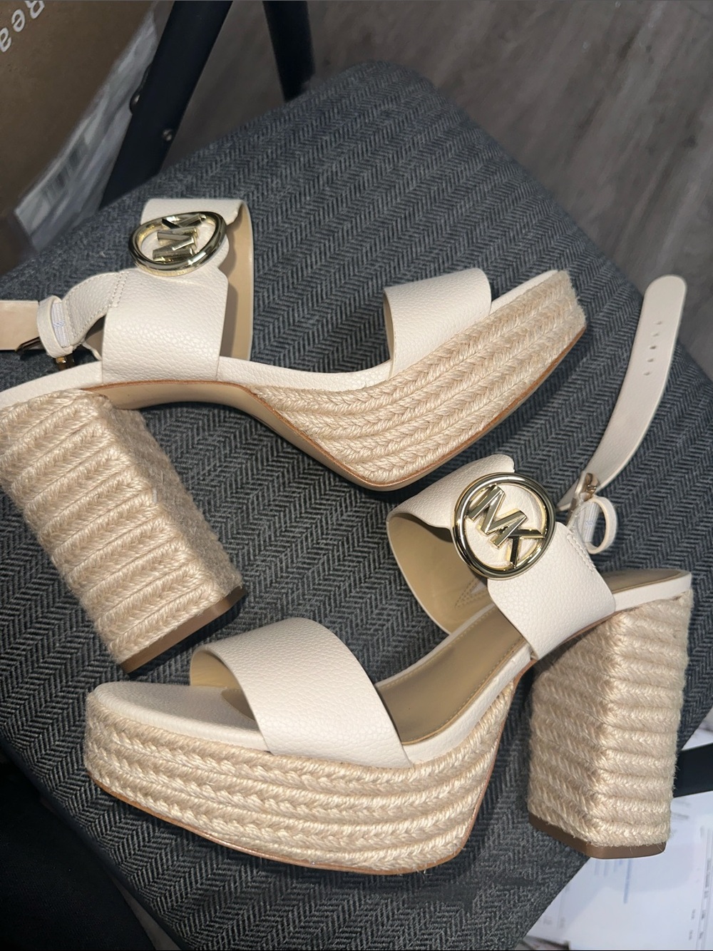 Michael Kors Ivory Platform Espadrille Sandals with Gold MK Emblem